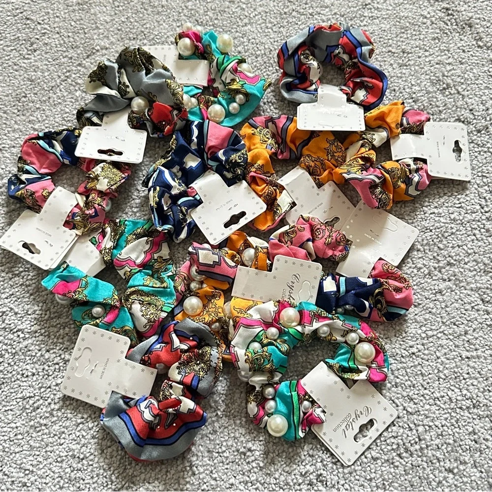 Colorful Patterned Scrunchies with Pearls